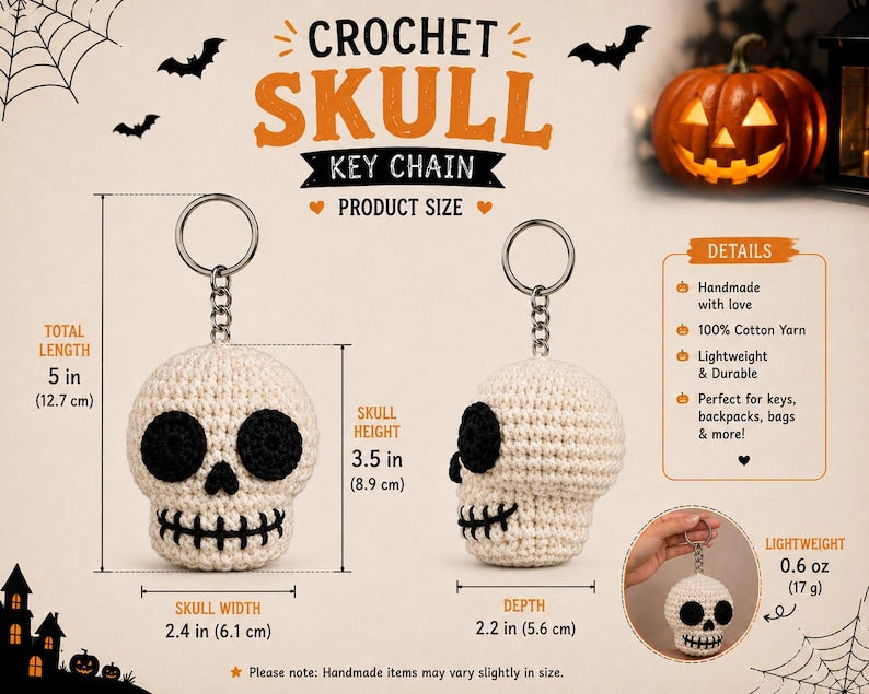 Crochet Skull Keychain, Halloween Skull Car Hanger, Gothic Crochet Skull Charm, Rear View Mirror Hanging Decor, Handmade Halloween Gift