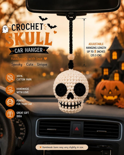 Crochet Skull Keychain, Halloween Skull Car Hanger, Gothic Crochet Skull Charm, Rear View Mirror Hanging Decor, Handmade Halloween Gift