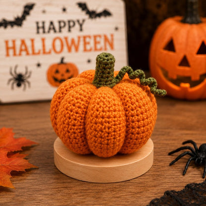 Crochet Pumpkin Halloween Decor, Handmade Pumpkin Desk Decor with Wooden Base, Pumpkin Keychain, Fall Office Decor, Cute Crochet Pumpkin