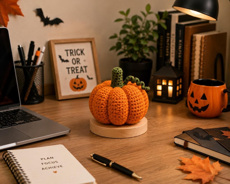 Crochet Pumpkin Halloween Decor, Handmade Pumpkin Desk Decor with Wooden Base, Pumpkin Keychain, Fall Office Decor, Cute Crochet Pumpkin