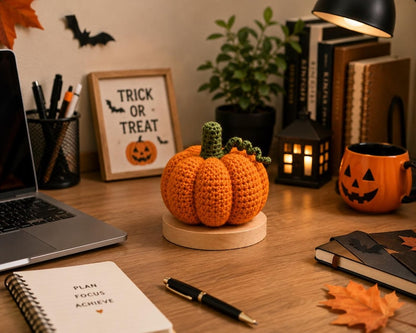 Crochet Pumpkin Halloween Decor, Handmade Pumpkin Desk Decor with Wooden Base, Pumpkin Keychain, Fall Office Decor, Cute Crochet Pumpkin