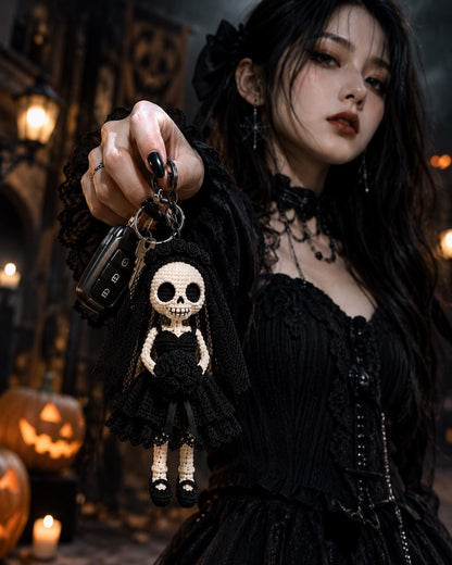 Crochet Skeleton Bride Car Hanger, Gothic Bride Keychain, Halloween Rear View Mirror Charm, Gothic Wedding Decor, Handmade Skeleton Doll