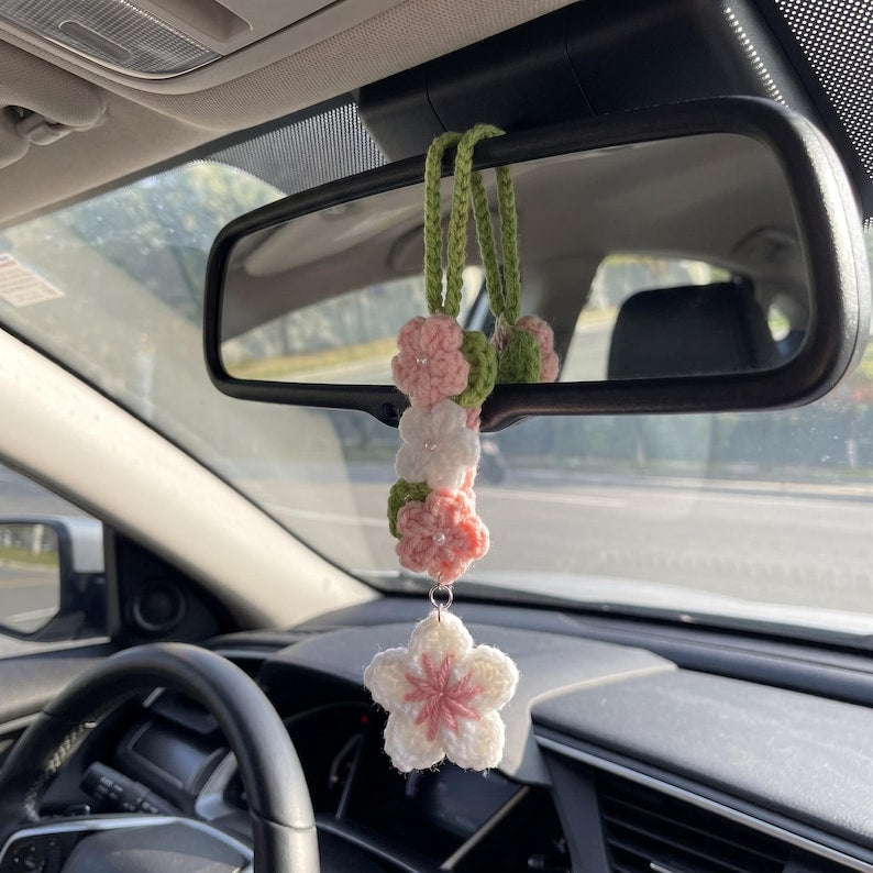 Handmade Crochet Flower Charm for Car Rearview Mirror