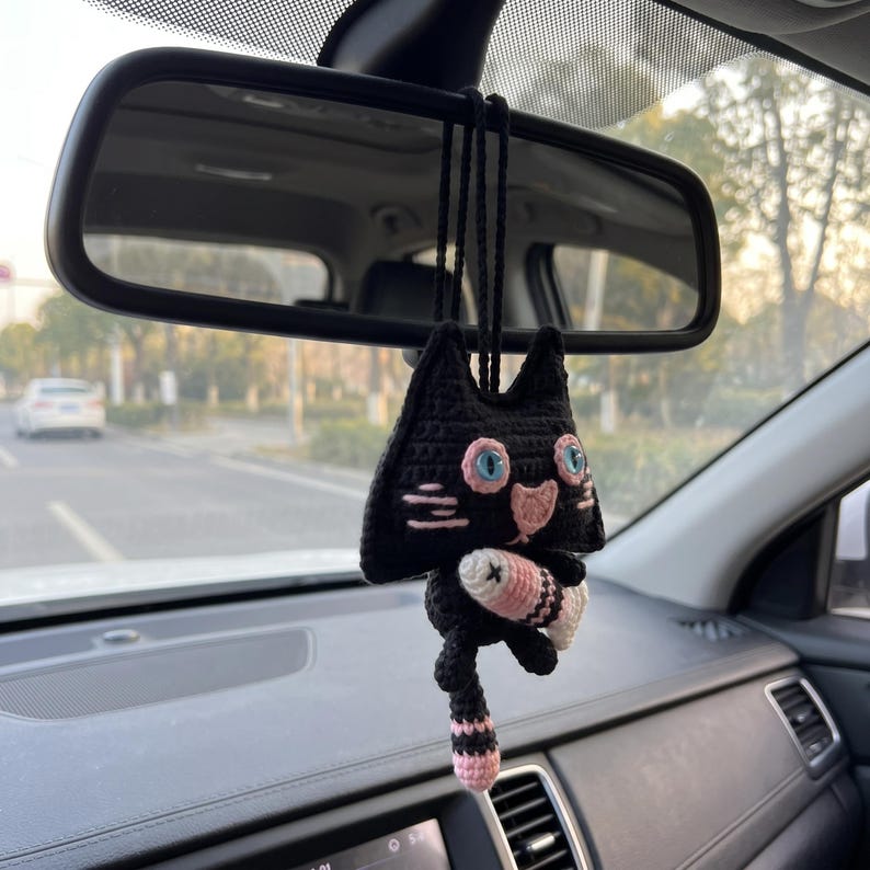 Black Cat Crochet Car Hanging, Handmade Cat Car Charm