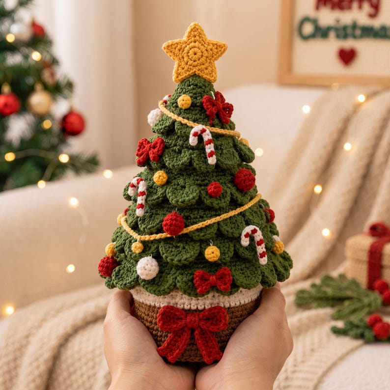 Crochet Christmas Tree Decor, Handmade Amigurumi Xmas Tree, Holiday Table Decoration, Christmas Shelf Decor, Festive Gift