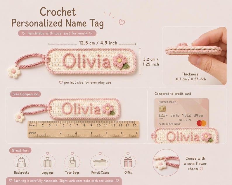 Personalized Crochet Name Tag, Custom Crochet Keychain, Handmade Bag Tag, Backpack Name Tag, Teacher Gift, Kids Luggage Tag