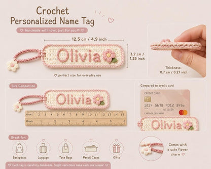 Personalized Crochet Name Tag, Custom Crochet Keychain, Handmade Bag Tag, Backpack Name Tag, Teacher Gift, Kids Luggage Tag