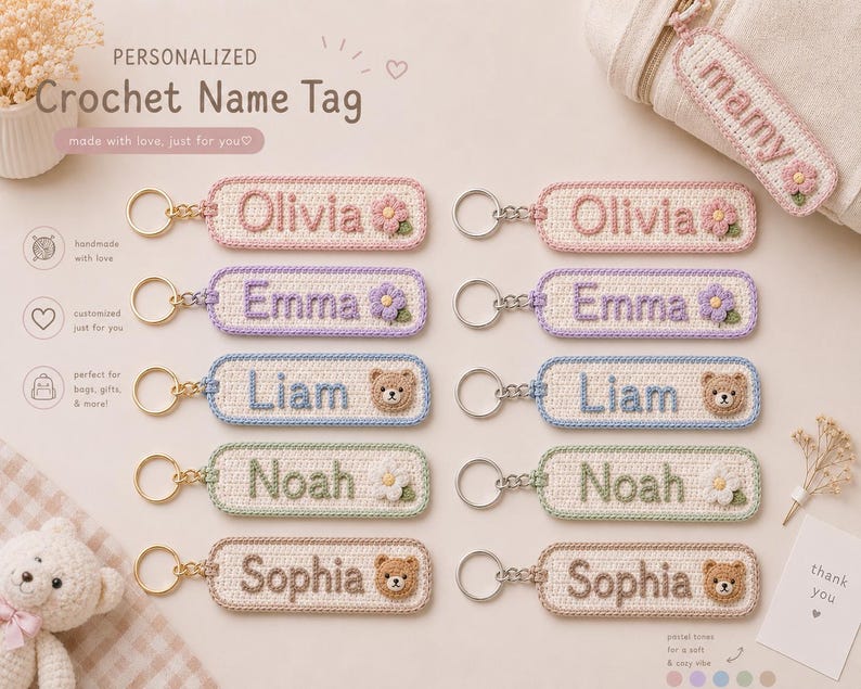 Personalized Crochet Name Tag, Custom Crochet Keychain, Handmade Bag Tag, Backpack Name Tag, Teacher Gift, Kids Luggage Tag