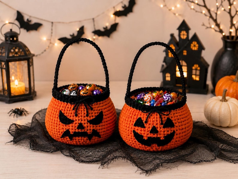Handmade Crochet Halloween Pumpkin Basket,Ghost Candy Bowl,Jack O Lantern Basket,Cute Halloween Decor, Spooky Fall Gift,Halloween Desk Decor