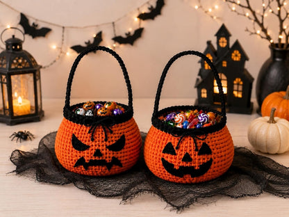 Handmade Crochet Halloween Pumpkin Basket,Ghost Candy Bowl,Jack O Lantern Basket,Cute Halloween Decor, Spooky Fall Gift,Halloween Desk Decor