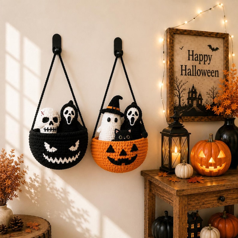 Crochet Pumpkin Plant Decor, Handmade Hanging Basket with Ghost Cat & Mushroom,Cute Autumn Crochet Decoration,Halloween Gift,Halloween Decor