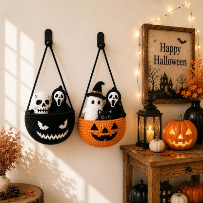 Crochet Pumpkin Plant Decor, Handmade Hanging Basket with Ghost Cat & Mushroom,Cute Autumn Crochet Decoration,Halloween Gift,Halloween Decor