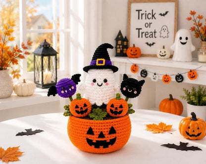 Crochet Halloween Pumpkin Ghost Pot, Spooky Pumpkin Decor, Ghost Flower Pot,Halloween Desk Decor, Halloween Gift, Handmade Gothic Home Decor