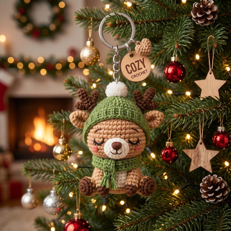 Christmas Reindeer Keychain, Crochet Deer Ornament, Amigurumi Bag Charm, Handmade Xmas Gift, Car Mirror Decor, Stocking Stuffer