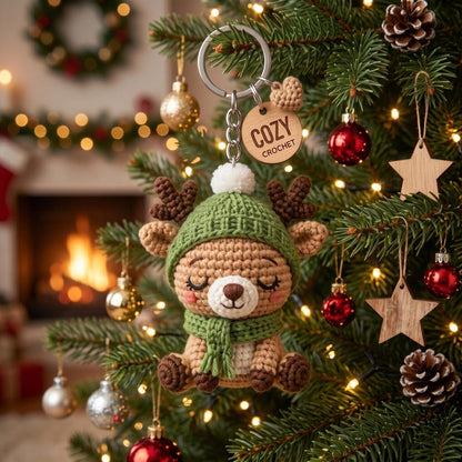 Christmas Reindeer Keychain, Crochet Deer Ornament, Amigurumi Bag Charm, Handmade Xmas Gift, Car Mirror Decor, Stocking Stuffer