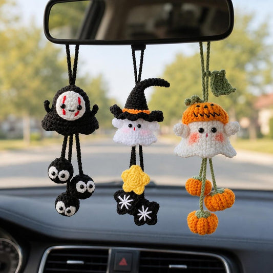 Halloween Crochet Car Hanging, Ghost Witch Pumpkin Spirit Charm, Spooky Car Decor, Halloween Gift