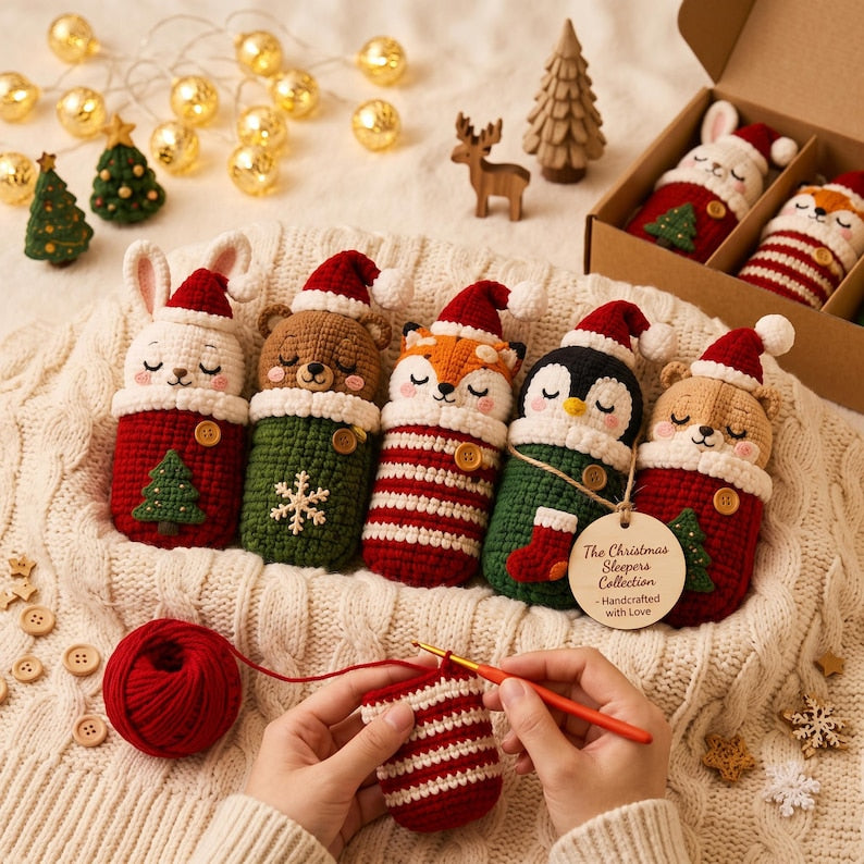 Crochet Christmas Sleeping Animals, Handmade Amigurumi Plush, Xmas Animal Doll, Cozy Sleeping Bag Toy, Holiday Gift for Kids