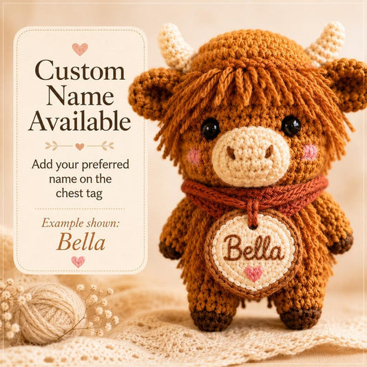 Personalized Highland Cow Crochet Car Charm, Custom Name Amigurumi Cow Rearview Mirror Accessory, Cute Farm Animal Plush Gift for New Driver