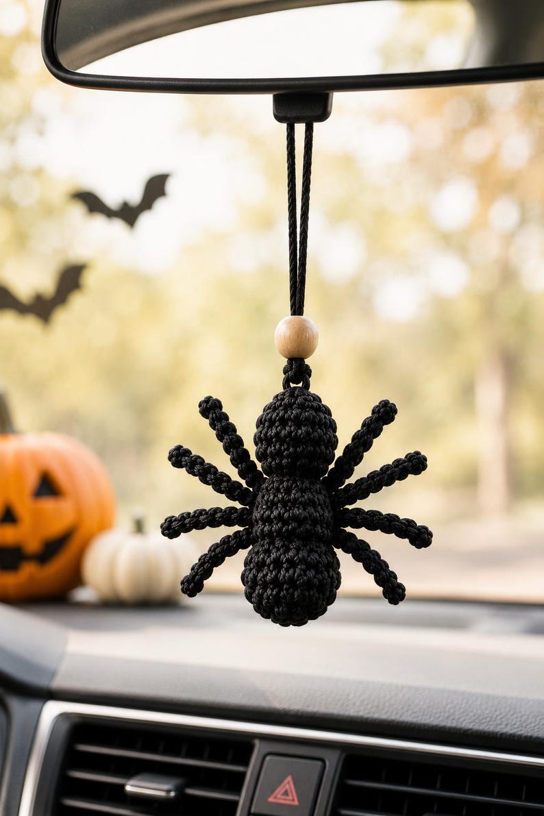 Crochet Spider Keychain, Spider Car Hanger, Halloween Crochet Spider, Gothic Car Charm, Spooky Backpack Charm, Handmade Gift