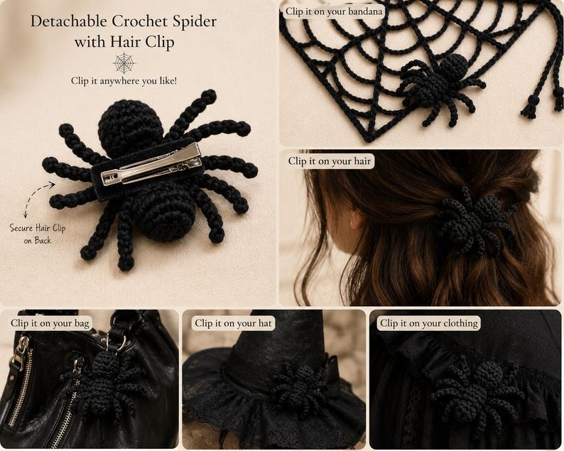 Crochet Spider Web Bandana, Halloween Hair Scarf, Gothic Head Scarf with Detachable Spider Hair Clip, Spiderweb Head Wrap