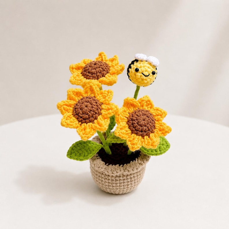 Crochet Sunflower Pot, Handmade Flower, Knitted Sunflower Decor, Cute Desk Decor, Housewarming Gift, Office Desk Gift, Gift For Her