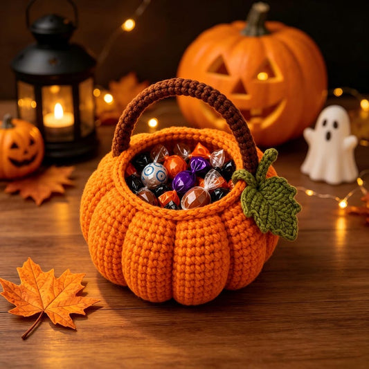 Handmade Crochet Pumpkin Treat Basket, Kids Halloween Trick-or-Treat Bag, Cute Candy Bucket
