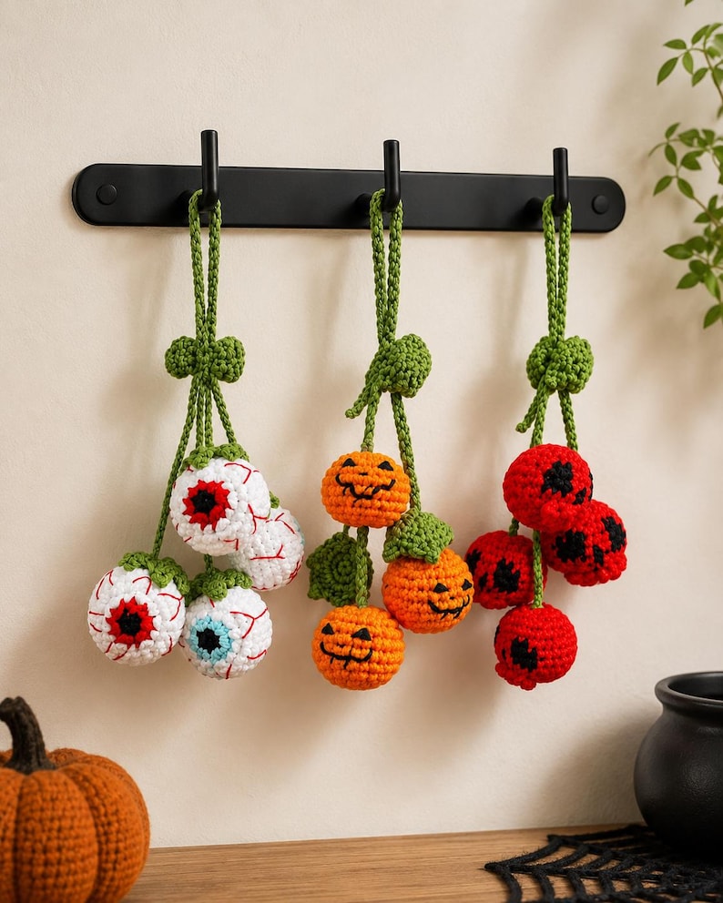 Halloween 2026 Crochet Car Charm, Eyeball Pumpkin Skull Mirror Hanging, Handmade Spooky Car Decor, Cute Amigurumi Halloween Gift