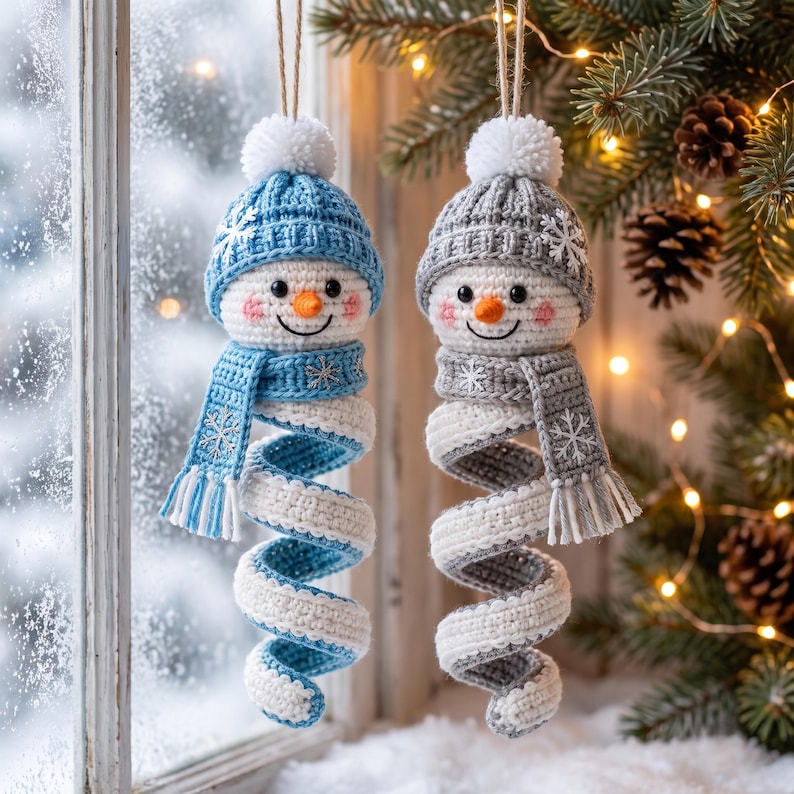 Crochet Snowman Hanger, Spiral Christmas Ornament, Handmade Winter Door Decor, Snowman Window Hanging, Holiday Gift
