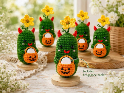 Crochet Halloween Pickle with Pumpkin Bucket Fragrance Holder, Cute Devil Amigurumi Desk Decor, Handmade Funny Halloween Gift