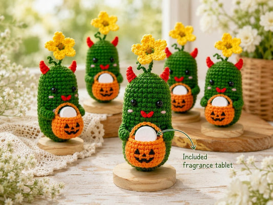 Crochet Halloween Pickle with Pumpkin Bucket Fragrance Holder, Cute Devil Amigurumi Desk Decor, Handmade Funny Halloween Gift
