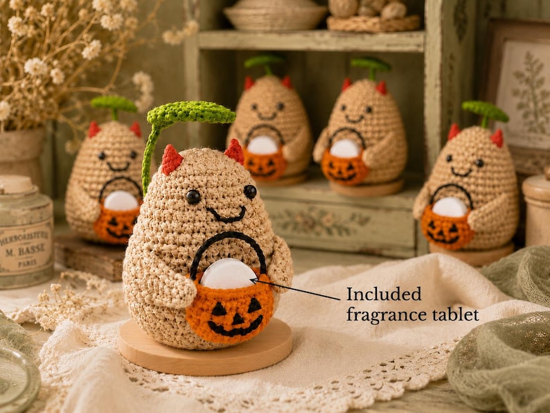 Crochet Halloween Potato with Pumpkin Bucket Fragrance Holder, Cute Devil Amigurumi Desk Decor, Potato Lover Gift
