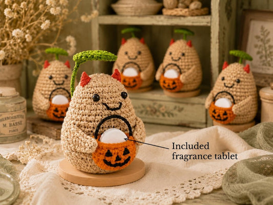 Crochet Halloween Potato with Pumpkin Bucket Fragrance Holder, Cute Devil Amigurumi Desk Decor, Potato Lover Gift