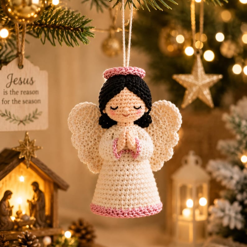 Handmade Crochet Guardian Angel, Rearview Mirror Car Charm, Christian Christmas Ornament, Faith Gift for Women, Nursery Decor