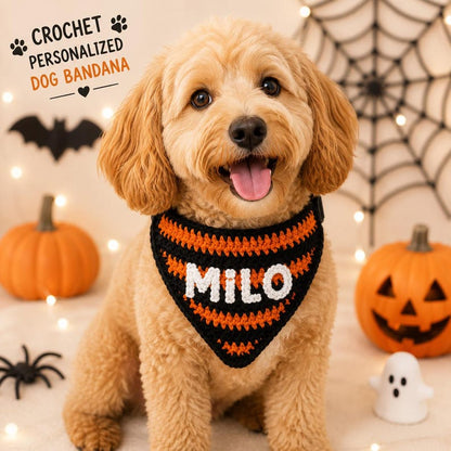 Personalized Crochet Dog Bandana Halloween, Custom Pet Bandana, Handmade Pumpkin Orange Black Collar Scarf, Dog Halloween Gift
