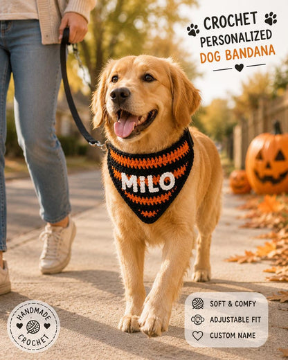 Personalized Crochet Dog Bandana Halloween, Custom Pet Bandana, Handmade Pumpkin Orange Black Collar Scarf, Dog Halloween Gift