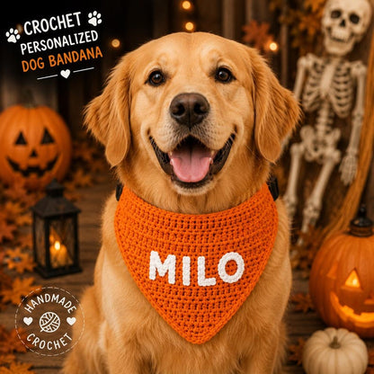 Personalized Crochet Dog Bandana Halloween, Custom Pet Bandana, Handmade Pumpkin Orange Black Collar Scarf, Dog Halloween Gift