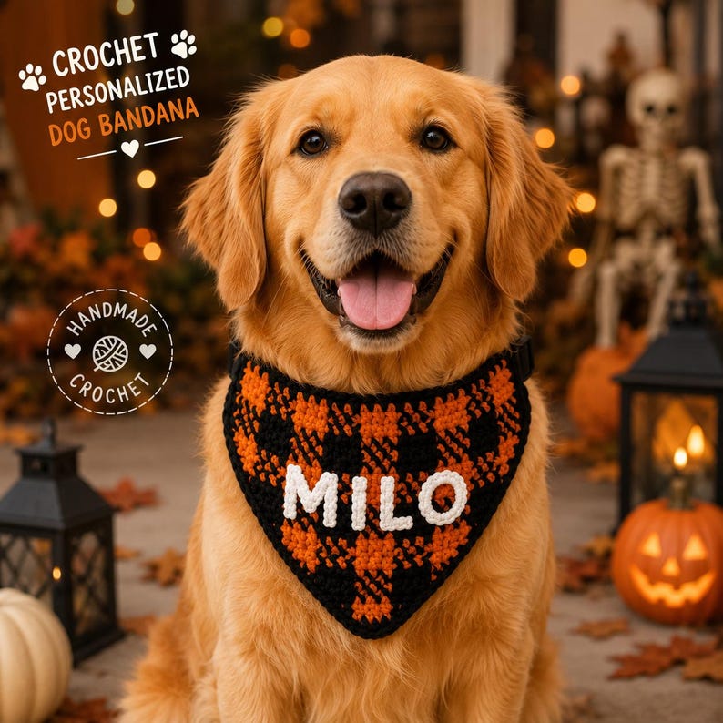 Personalized Crochet Dog Bandana Halloween, Custom Pet Bandana, Handmade Pumpkin Orange Black Collar Scarf, Dog Halloween Gift