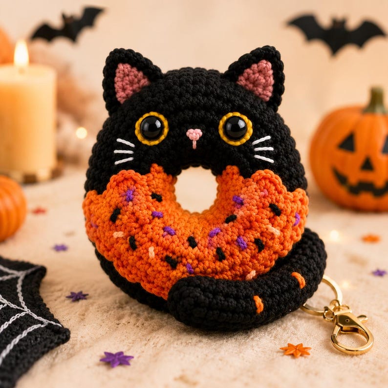 Crochet Black Cat Donut Keychain, Halloween Cat Keychain, Cute Cat Bag Charm, Crochet Car Hanger, Spooky Gift, Handmade Amigurumi