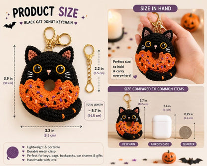 Crochet Black Cat Donut Keychain, Halloween Cat Keychain, Cute Cat Bag Charm, Crochet Car Hanger, Spooky Gift, Handmade Amigurumi