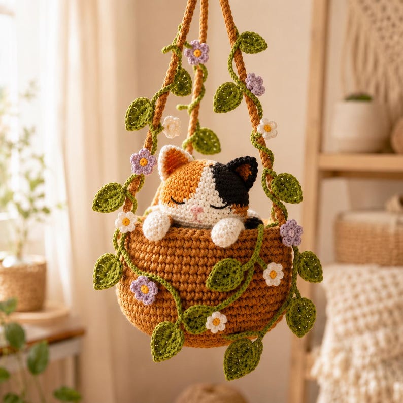 Crochet Calico Cat Hanging Plant Pot, Cute Kitten in Basket, Cat Plant Wall Decor, Unique Handcrafted Cat Lover Gift, Gift For Her