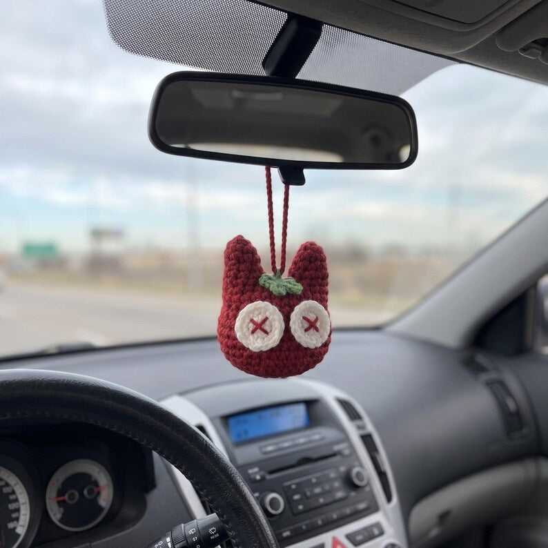 Handmade Crochet Tomato Cat Charm for Car Mirror