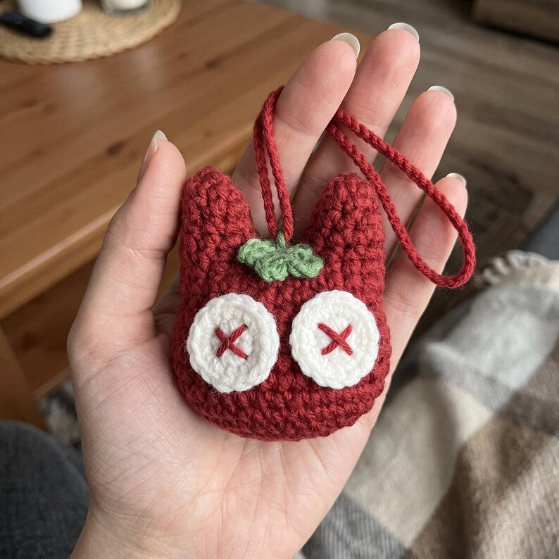 Handmade Crochet Tomato Cat Charm for Car Mirror