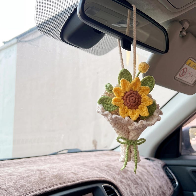 Handmade Crochet Sunflower Car Charm for Rearview Mirror