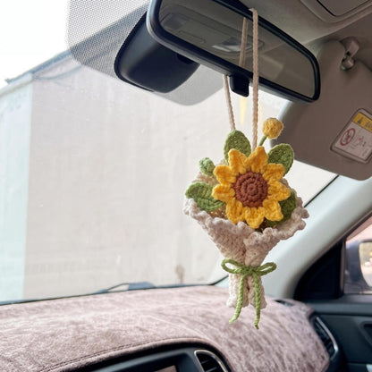 Handmade Crochet Sunflower Car Charm for Rearview Mirror