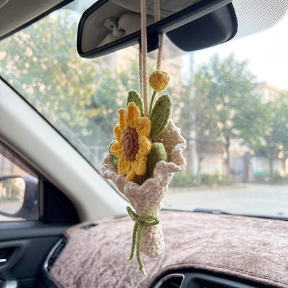 Handmade Crochet Sunflower Car Charm for Rearview Mirror