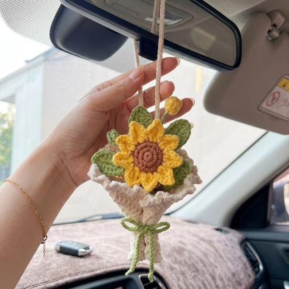 Handmade Crochet Sunflower Car Charm for Rearview Mirror