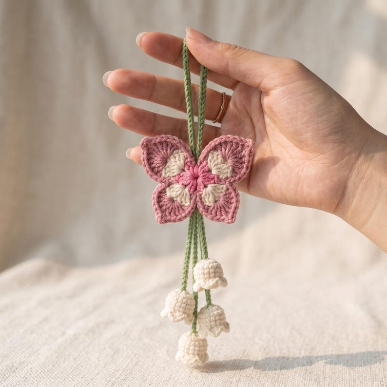 Handmade Crochet Butterfly Car Mirror Charm with Lily of the Valley Flowers