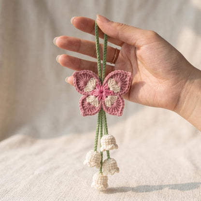 Handmade Crochet Butterfly Car Mirror Charm with Lily of the Valley Flowers