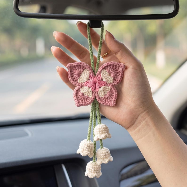 Handmade Crochet Butterfly Car Mirror Charm with Lily of the Valley Flowers