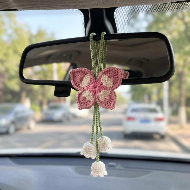 Handmade Crochet Butterfly Car Mirror Charm with Lily of the Valley Flowers